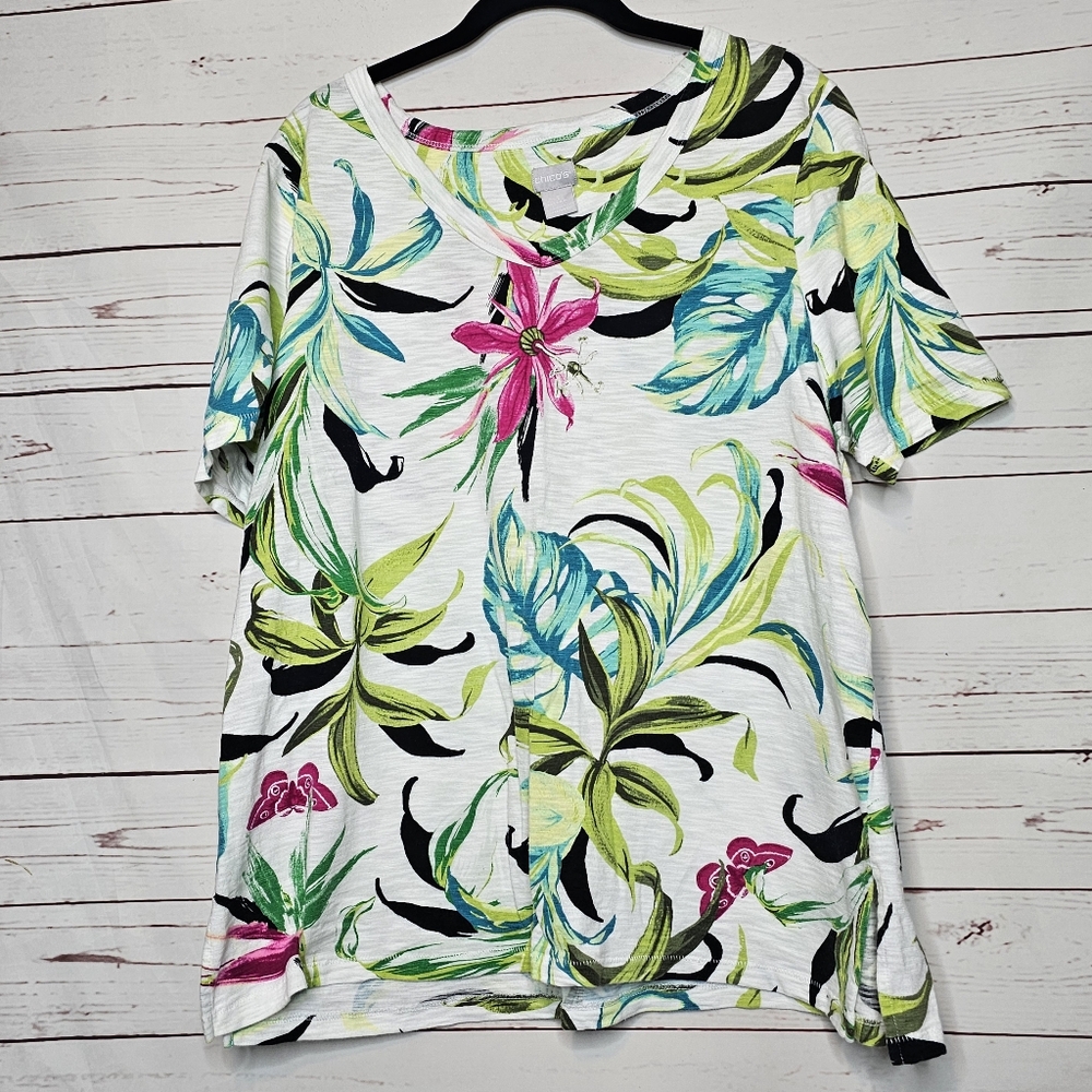 Chico's White Floral Short Sleeve Tee with Pink, Green & Blue Print